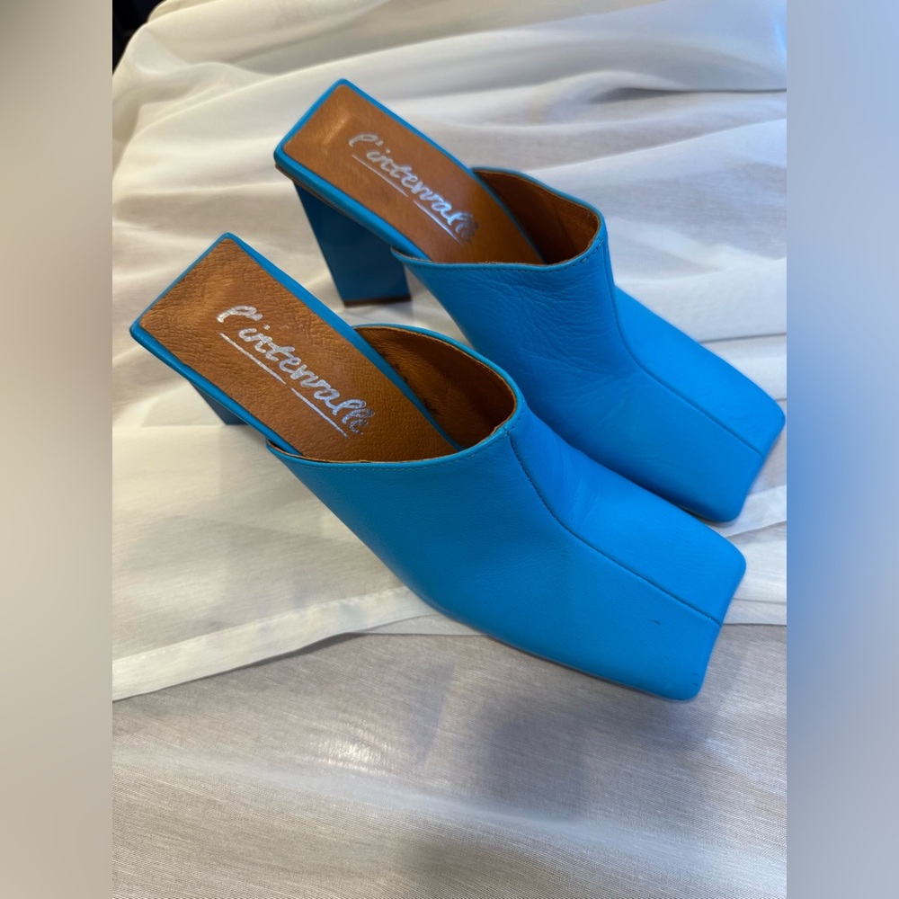 L'INTERVALLE Turquoise Blue Leather Block Heel Mules - Picture 2 of 3